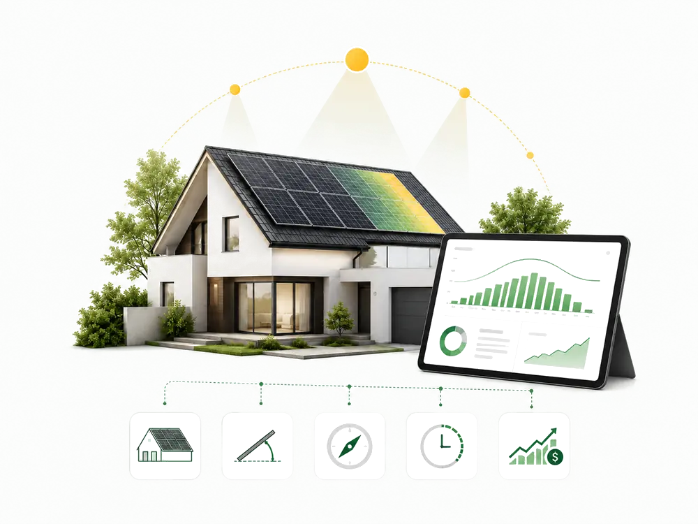 Production model of a home: the sun's arc traced across the roof, an irradiance overlay on the array, a tablet showing the annual output curve, and icons for roof geometry, tilt, orientation, timing and return.