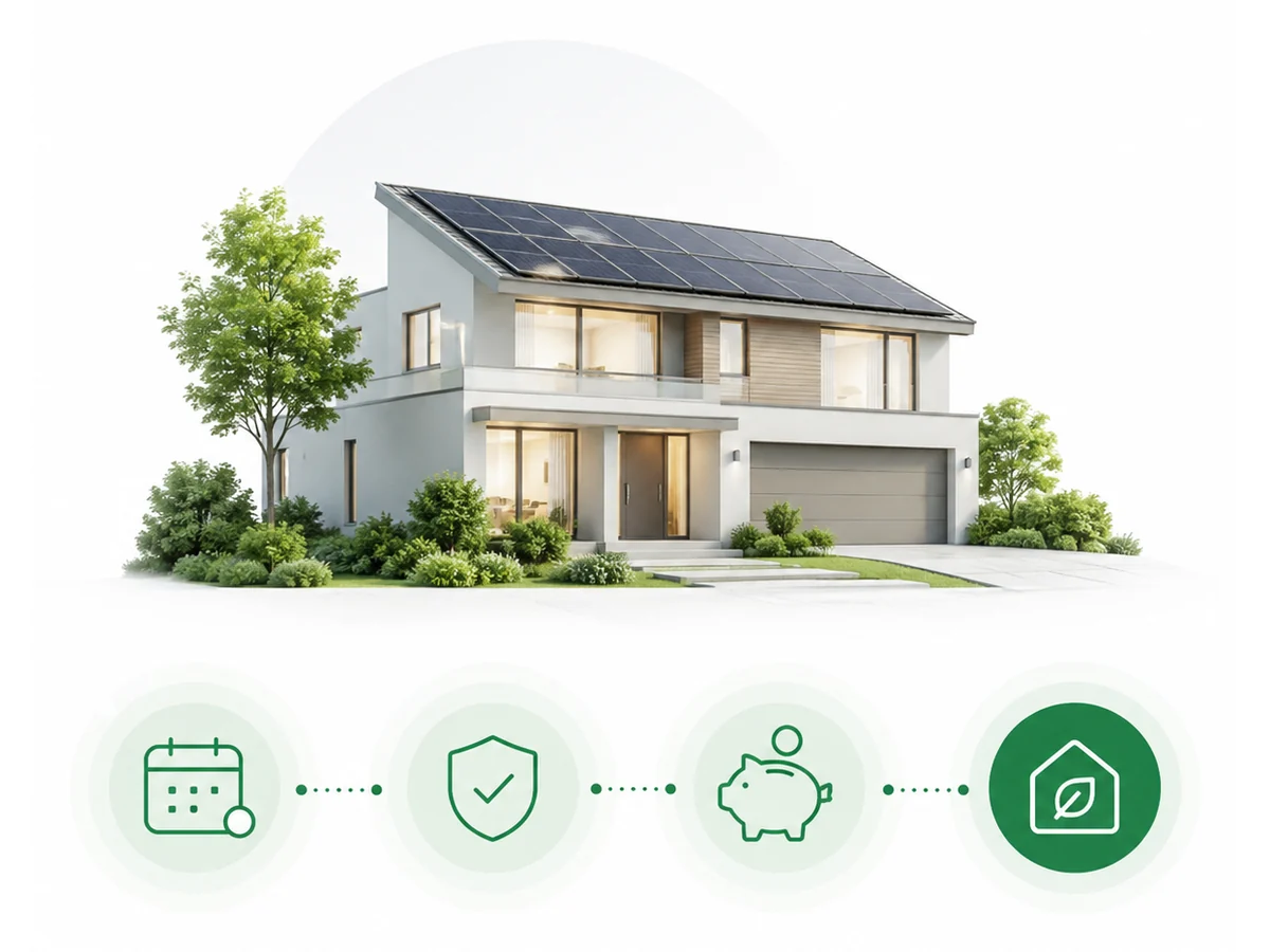 A house with a rooftop solar array, above four linked steps: a payment schedule, coverage, savings, and finally a home that owns its own power.