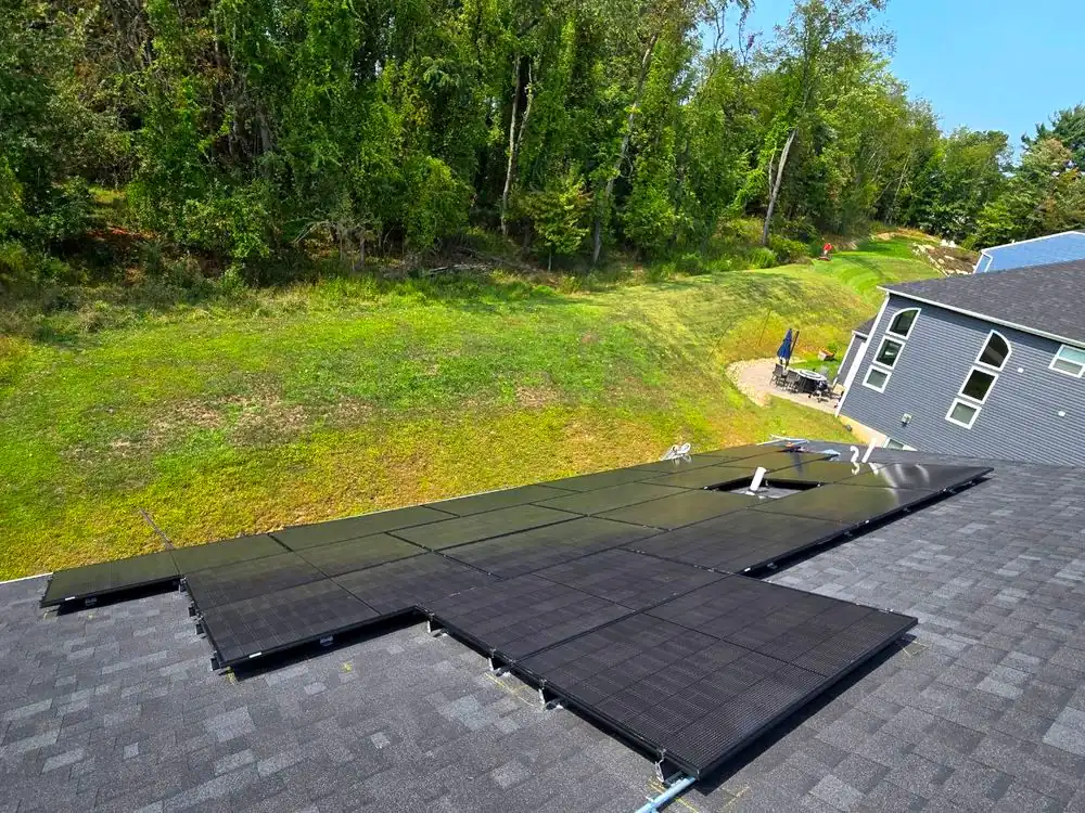 A completed residential solar array on a shingle roof in Pittsburgh, installed by SBZ Solar.