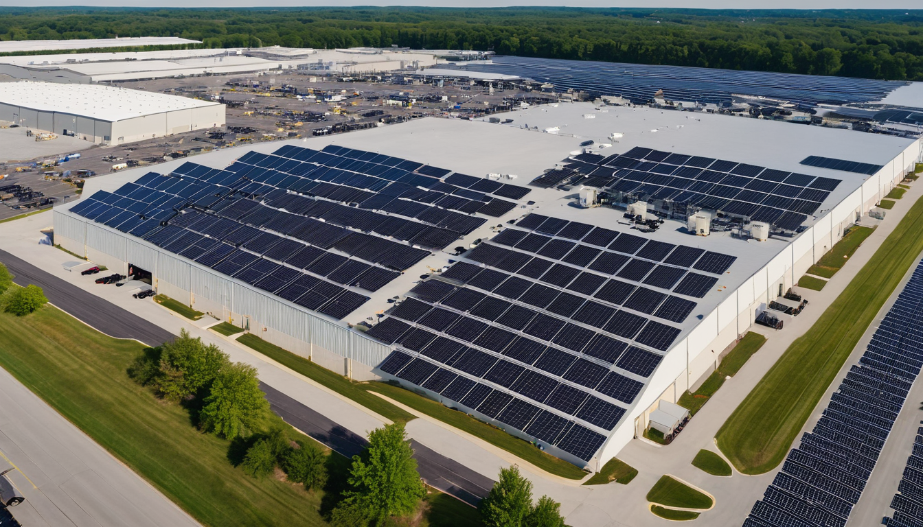 Large warehouse facility with rooftop solar panel array generating commercial power